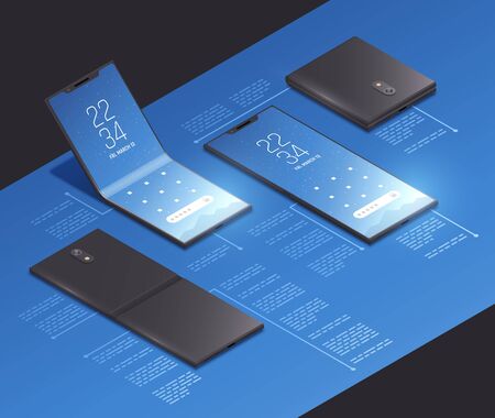 Foldable gadgets concepts isometric mockup composition with realistic images of new smartphone models with text captions vector illustrationのイラスト素材