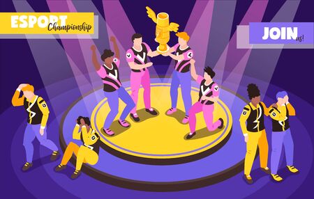 Popular cyber sport computer gaming competitions online entertainment advertising isometric composition with join championship button vector illustrationのイラスト素材