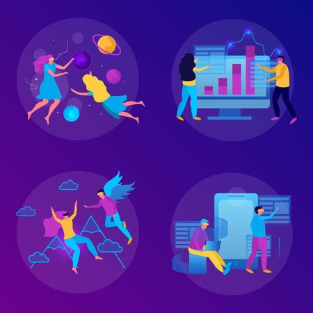 Virtual reality flat concept set with couple of people playing in virtual reality glasses vector illustrationのイラスト素材