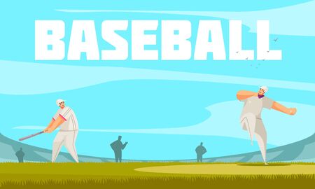 Summer sport baseball composition with outdoor stadium background and doodle characters of ballplayers on ball field vector illustrationのイラスト素材