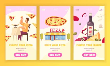 Three pizza vertical banner set with choose and order your pizza and choose your dinner descriptions vector illustrationのイラスト素材