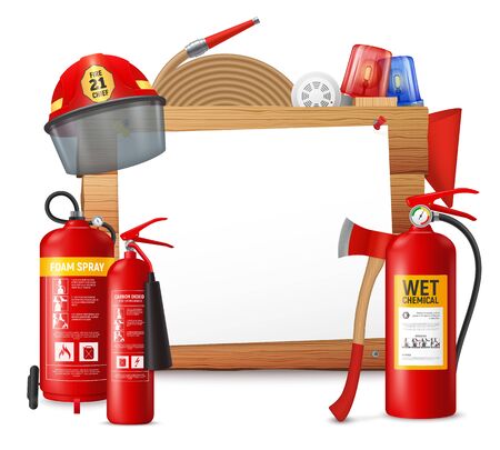 Fire extinguisger frame with clear piece of paper on wooden surface with fire-suppression bottle units vector illustrationのイラスト素材
