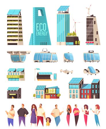 Smart city housing business center facilities citizens smartphone notifications system service transportation technology flat set vector illustrationのイラスト素材