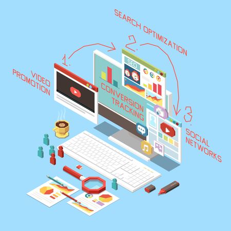 Isometric concept with conversion rate optimization stages 3d vector illustrationのイラスト素材