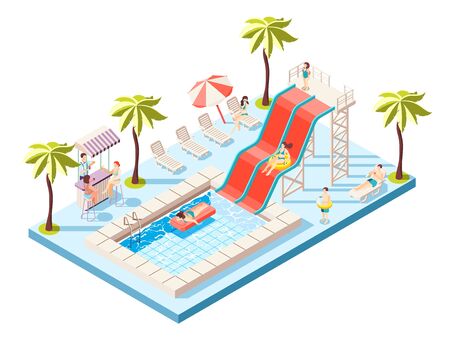 Aquapark isometric composition with water rides and swimming pool vector illustrationのイラスト素材