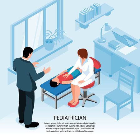 Isometric doctor pediatrician medicine background with office interior and female medical specialist examining child with father vector illustrationのイラスト素材