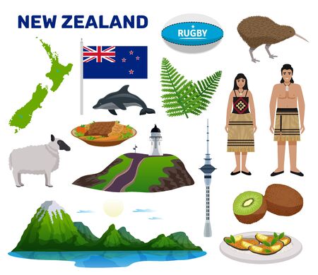 New Zealand tourism set with nature and food symbols flat isolated vector illustrationのイラスト素材