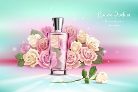 Realistic composition with  bouquet of roses perfume vial and advertising of new fragrance for woman vector illustrationのイラスト素材