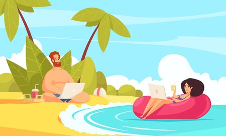 Remote flexible work flat cartoon composition with freelancers couple vacation with laptops on tropical beach  vector illustrationのイラスト素材