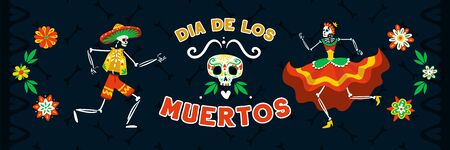 Mexican dia muertos day dead celebration with dancing in national costumes skeletons black horizontal banner vector illustrationのイラスト素材