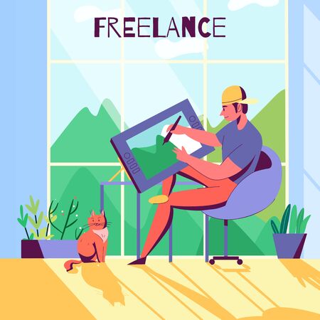 Creative profession flat composition with freelancer designer working at home vector illustrationのイラスト素材