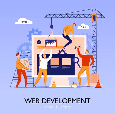 Programmer composition with editable text pictogram icons and conceptual images of people building website from elements vector illustrationのイラスト素材