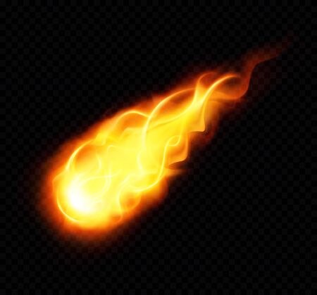 Fireball realistic poster with burning yellow flying astronomical object on black background vector illustrationのイラスト素材
