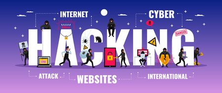 Hacker typography banner with cyber attack symbols flat  vector illustrationのイラスト素材
