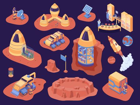 Isometric mars colonization color icon set scientists with discovery mission rockets and astronaut vector illustrationのイラスト素材