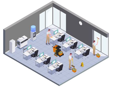 Isometric colored cleaning concept isolated office room and workers wash windows floors and furniture vector illustrationのイラスト素材