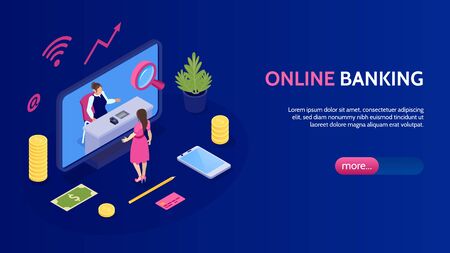 Online banking horizontal banner with icons illustrated mobile payments and transfer money from card isometric vector illustration のイラスト素材
