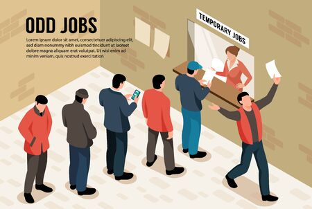 Odd jobs isometric background with group of male characters standing in queue for temporary work vector illustrationのイラスト素材