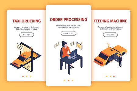 Set of three isometric taxi vertical banners with images and page switch buttons with editable text vector illustrationのイラスト素材