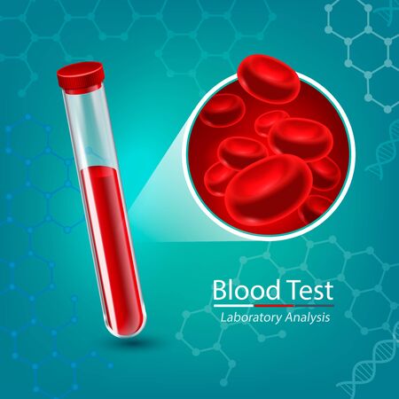Blood test composition with medical test tube and red blood cells flowing through vessel  vector illustrationのイラスト素材