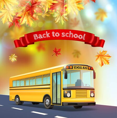 Back to school realistic background with yellow bus autumn leaves and text on red ribbon realistic vector illustrationのイラスト素材