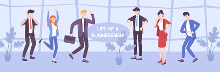 Businessmen life flat illustration with office people in various poses expressing different feelings and emotions vector illustrationのイラスト素材