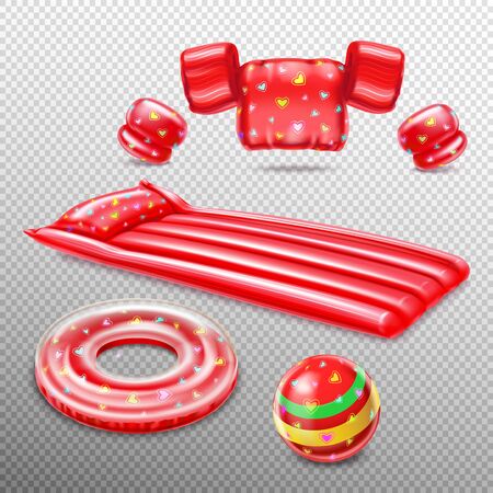 Inflatable swimming accessories in red color including  lifebuoy air mattress and ball isolated on transparent background realistic vector illustrationのイラスト素材