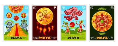 Maya civilization banners set with traditional maya script hieroglyphs doodle human characters and tribal jewelry items vector illustrationのイラスト素材