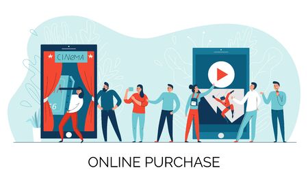 Cinema online ticket composition with online purchase description and queue for tickets vector...