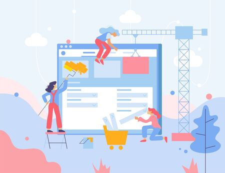 Web development flat composition with conceptual images of building site elements characters of workers and window vector illustrationのイラスト素材
