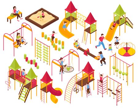 Isometric kids playground parents kids set with isolated images of seesaws ladders carousels on blank background vector illustrationのイラスト素材