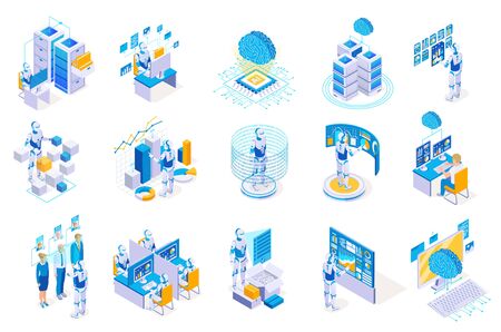 Robotic process automation isometric icons collection with isolated images of robots working with futuristic computer interfaces vector illustrationのイラスト素材