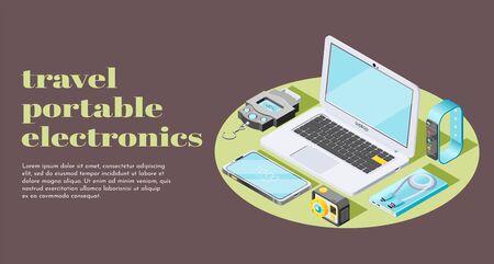 Travel portable electronics horizontal banner with weight scale fitness bracelet smartphone power bank action camera isometric icons vector illustrationのイラスト素材