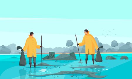 Nature water pollution composition with flat doodle characters of toxic waste collectors in dirty water scenery vector illustrationのイラスト素材