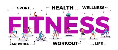 Fitness lettering title header active lifestyle advertising horizontal composition with people practicing workout yoga sport vector illustrationのイラスト素材