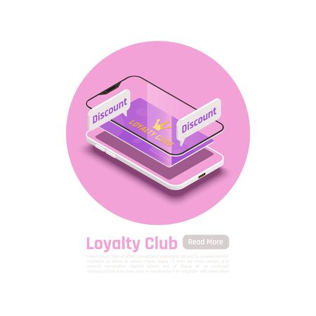Customer loyalty retention isometric background with images of smartphone layer frames text and read more button vector illustrationのイラスト素材