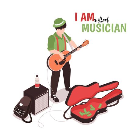 Isometric street musician background with text and male doodle character of street performer with acoustic guitar vector illustrationのイラスト素材