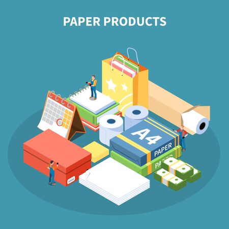 Paper products isometric design concept with  package box school supplies toilet paper rolls monetary denomination vector Illustrationのイラスト素材