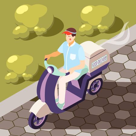 Catering in plane isometric background with motorbike courier vector illustrationのイラスト素材