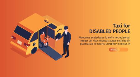 Isometric taxi horizontal banner with editable text more button and image of taxi passenger on wheelchair vector illustrationのイラスト素材