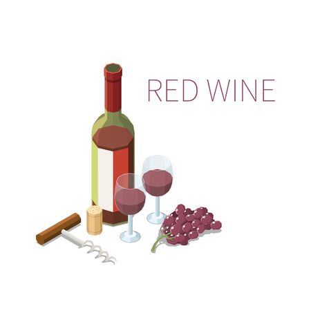 Isometric composition with bottle and two glasses of red whine bunch of grapes and corkscrew on white backgroundのイラスト素材