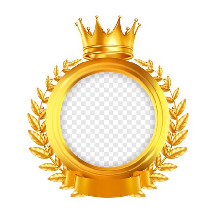 Gold round frame decorated by laurel wreath tape and crown realistic design concept on white background vector illustrationのイラスト素材