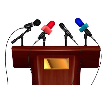 Mahogany tribune with gold plate and four microphones installed on it realistic design concept 3d vector illustrationのイラスト素材