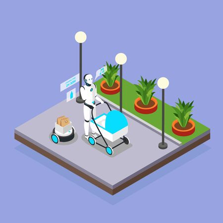Home robots taking care of children isometric background composition with humanoid babysitter walking with pram vector illustrationのイラスト素材