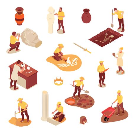 Archeology isometric icons set with scientists their equipment and ancient artifacts isolated on white backgroundのイラスト素材