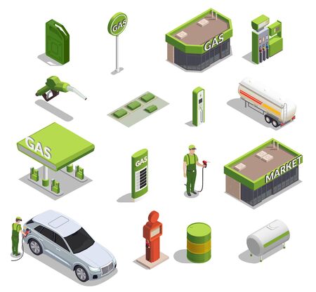 Gas station isometric set of icons and images of filling columns petrol cans buildings and people vector illustrationのイラスト素材