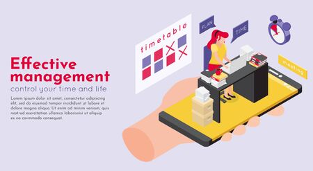 Deadline isometric background composition of editable text and conceptual images of workspace timetable and human hand vector illustrationのイラスト素材