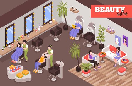 Female beauty salon isometric background with working staff customers sitting in clients chairs or waiting in rest zone of barbershop vector illustrationのイラスト素材