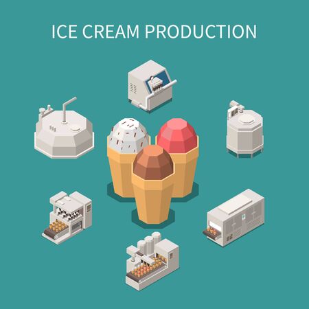 Ice cream production isometric background with three waffle cones filled with different varieties of ice cream vector illustrationのイラスト素材