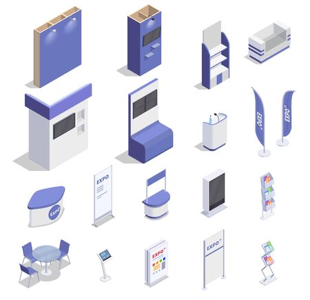 Set of isometric empty expo stands counters screen shelves for advertising goods isolated on white background 3d vector illustrationのイラスト素材